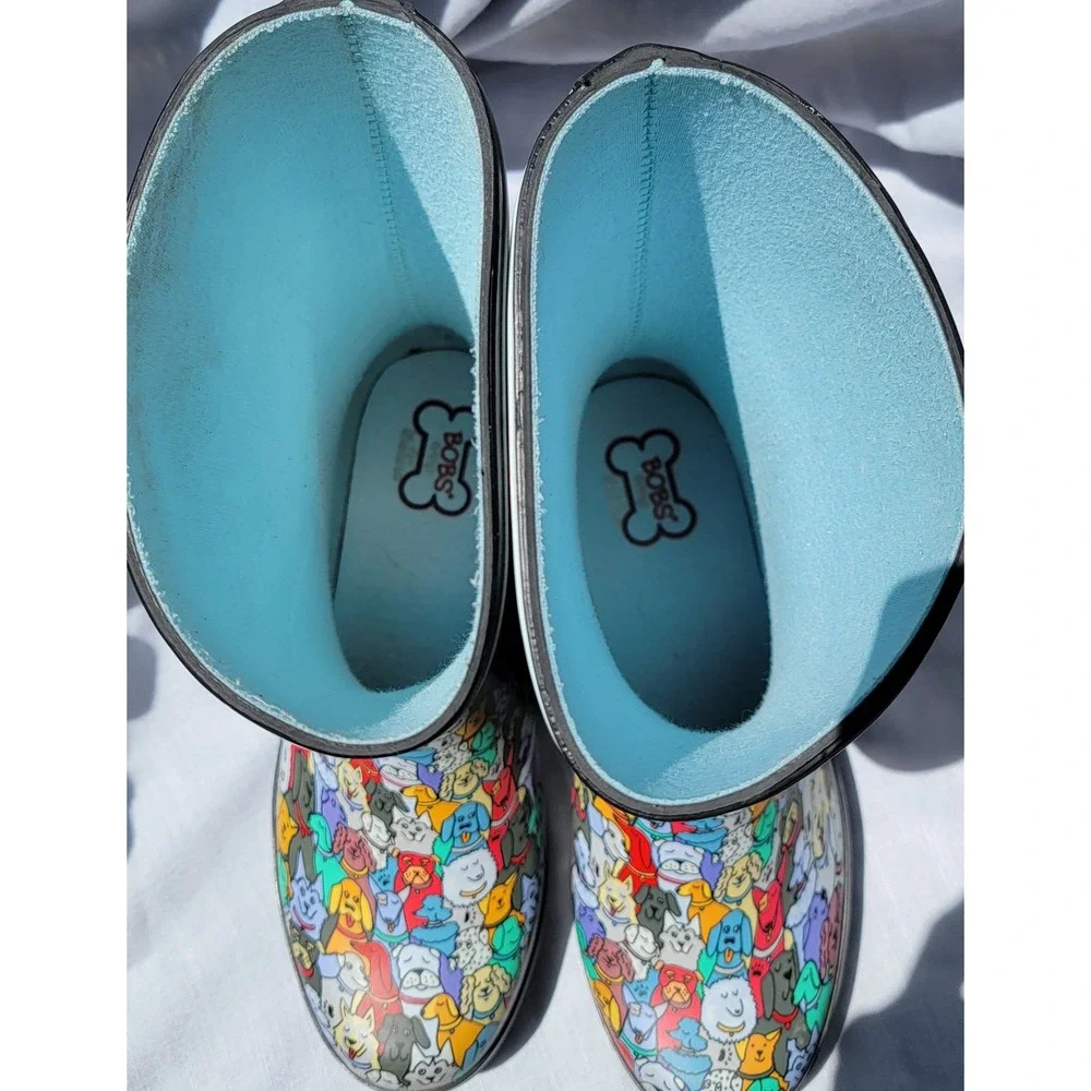 Skechers BOBS Rain Check Puddle Paws Dog Print Rain Boots 33373 BKMT Womens 8